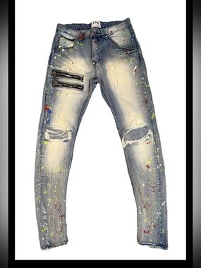 MacKeen Market Hale Jeans Mens 30 Paint Splatter Distressed Skinny Moto Zippers